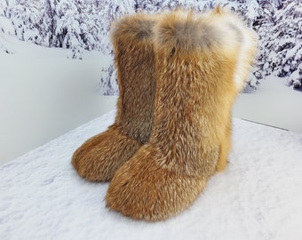 SALE Red fox winter fur boots for women sewed earlier on thin sole