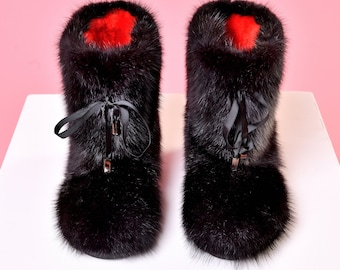 Black fur boots for women,model "mink" short mukluks Furry boots, winter boots, Eskimo,snow boots