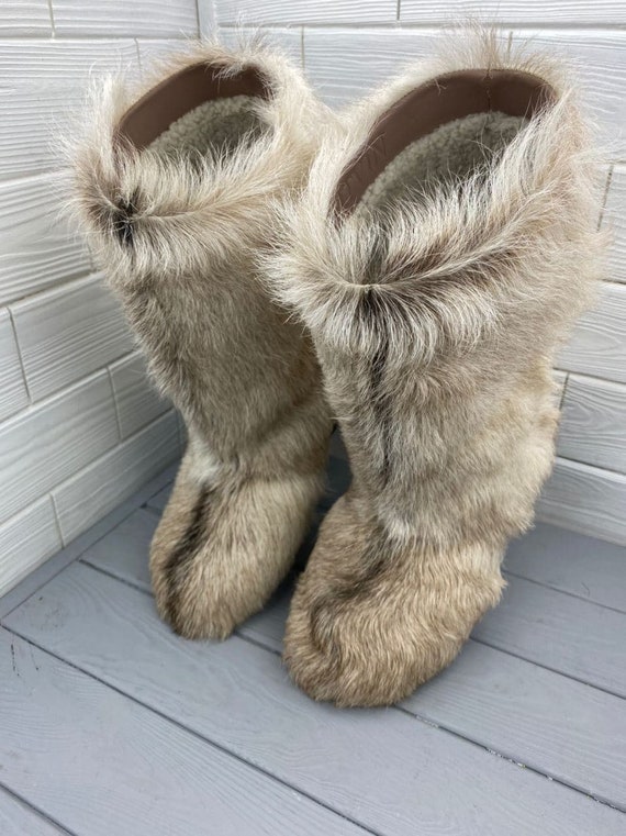 Knee shaggy women yeti boots Winter real goat fur Yeti boots Long fur boots