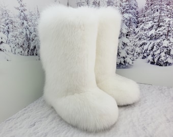 Men White real polar fox fur boots Blue ice fox winter boots Furry men's boots