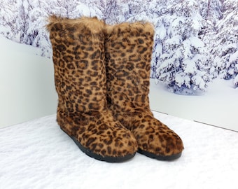 Leopard print winter fur boots for women, genuine fur boots, pony fur boots, animal print boots