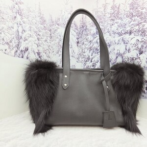 Women leather tote bag Red fox fur bag Furry bag Black fox