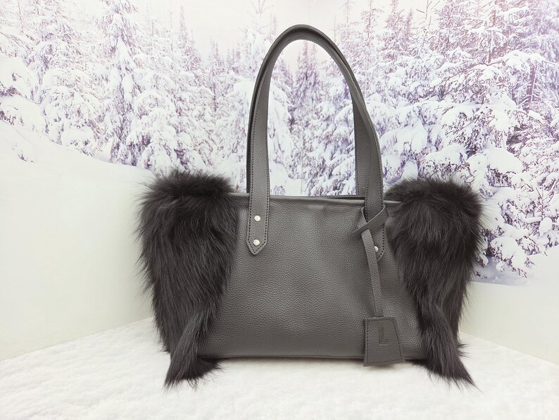 Women leather tote bag Red fox fur bag Furry bag Black fox