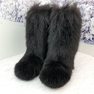 Zwarte geitenbont yeti laarzen voor vrouwen Harige Eskimo laarzen Mukluks