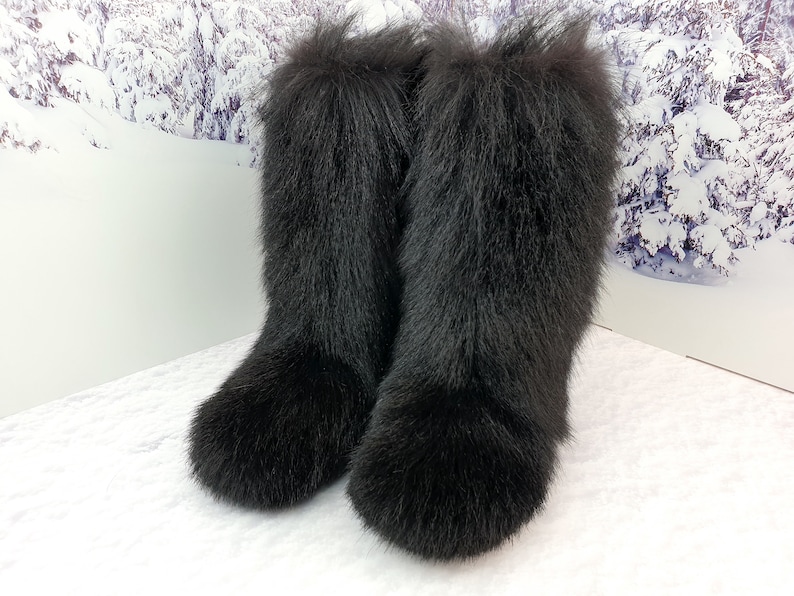 Black goat fur yeti boots for women Furry Eskimo boots Mukluks Black