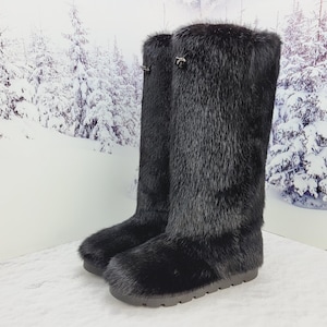 Waterproof real otter fur women black winter boots Tall snow boots
