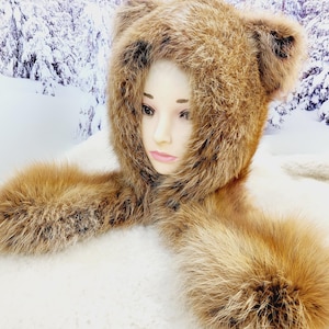 Größe M Echte getönte Fuchs Fellkappe Unisex Wintermütze Trappermütze