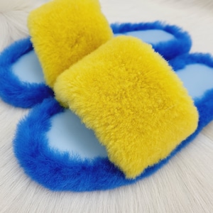 Ukrainian colors Women's real sheepskin fur house leather slippers, open toe indoor shoes, home slippers