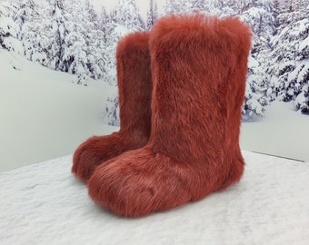 Claret red rabbit fur winter boots for women, mukluk boots, high fur boots, girlfriend gift