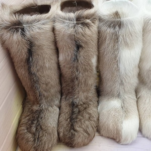 Genuine high fur winter boots,mukluks, snow furry yeti boots, light brown/white colour fur boots image 4