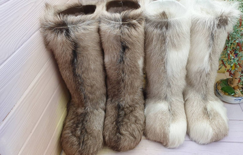 Genuine high fur winter boots,mukluks, snow furry yeti boots, light brown/white colour fur boots image 4