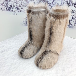 Genuine high fur winter boots,mukluks, snow furry yeti boots, light brown/white colour fur boots image 2