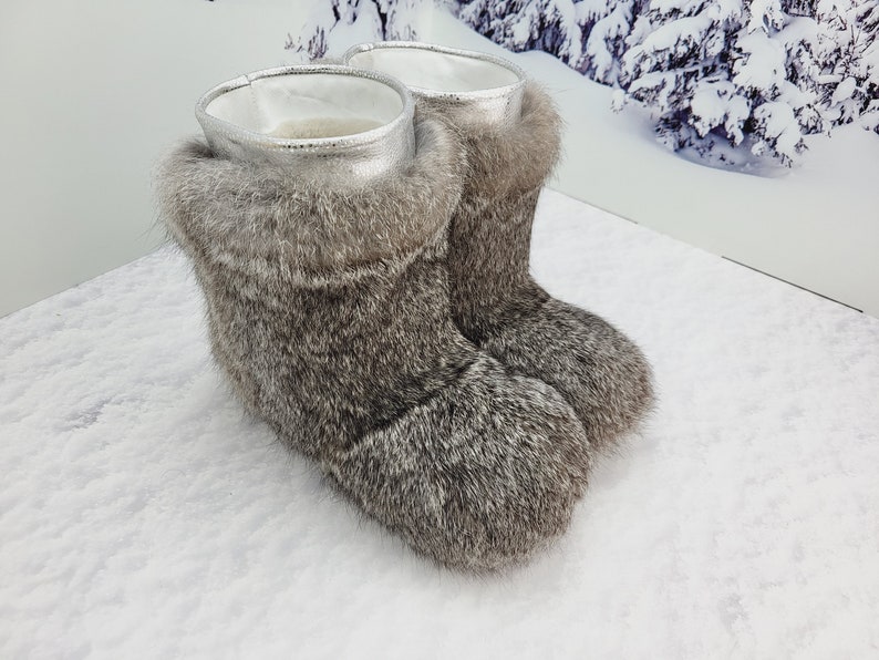 33 EU Gray kids fur winter boots cozy soft rabbit fur youth boots, girls snow boots, yeti boots for kids, children mukluks image 7