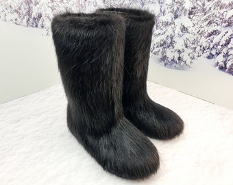 Black waterproof real fur winter boots Women Long hair mukluks