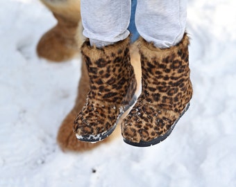 Leopard print winter fur boots for girls, toddler mukluks, pony fur kids boots, children's snow boots