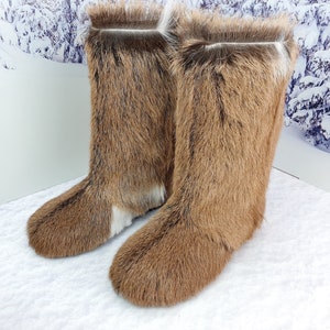 Genuine high fur winter boots,mukluks, snow furry yeti boots, light brown/white colour fur boots image 9