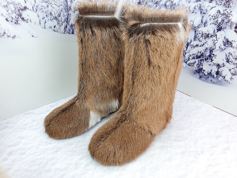 Genuine high fur winter boots,mukluks, snow furry yeti boots, light brown/white colour fur boots image 9