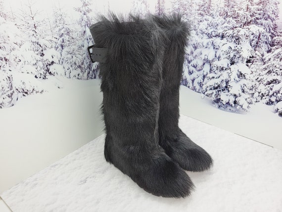 Knee Brown white goat fur women winter boots Yeti boots Long Handmade by  LITVIN