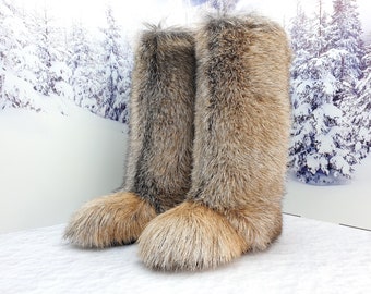 Light Brown knee goat fur women Furry winter boots Yeti boots Long fur snow boots