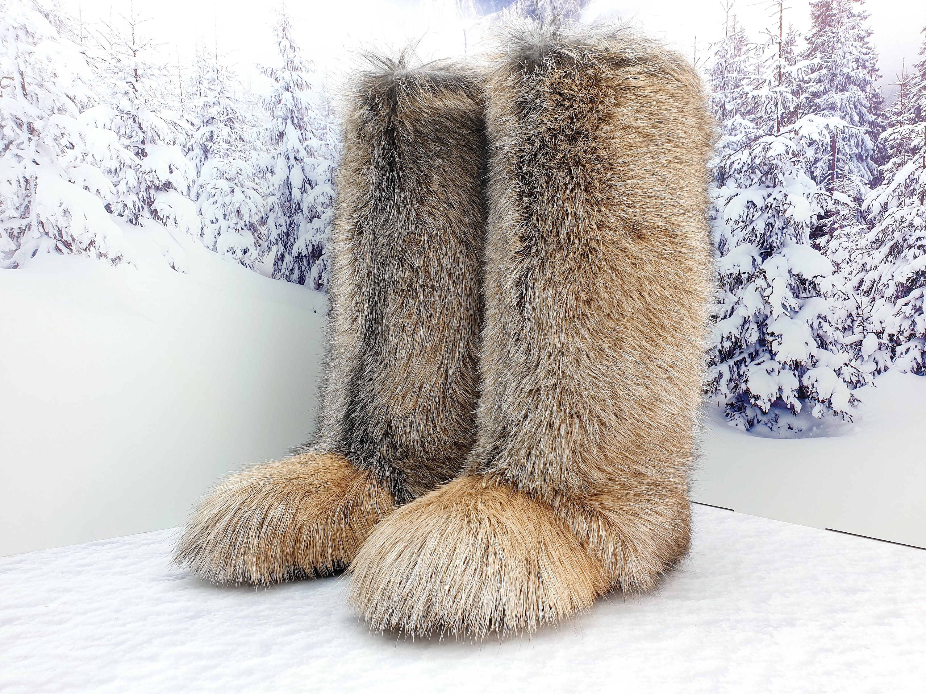 Light Brown Knee Goat Fur Women Furry Winter Boots Yeti Boots Long