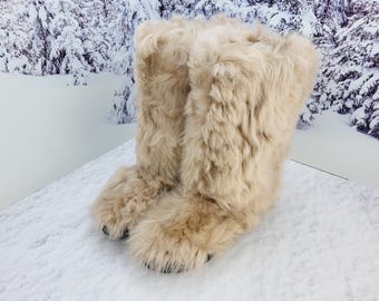 Beige real toscana fur high boots,mouton eskimo winter boots for women