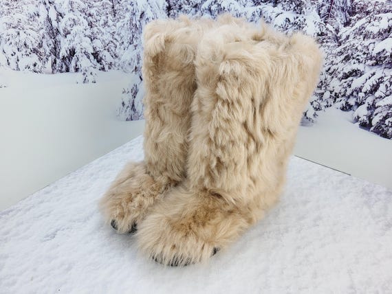 Beige Real Toscana Fur High Boots,Mouton Eskimo Winter Boots for Women