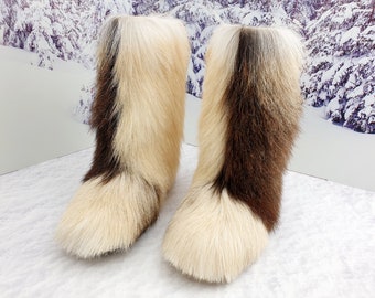 Brown white goat fur women winter boots Yeti boots Long fur snow boots