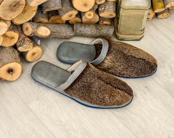 Men's House Leather Shoes, Exclusive Fur House Slippers, Gray