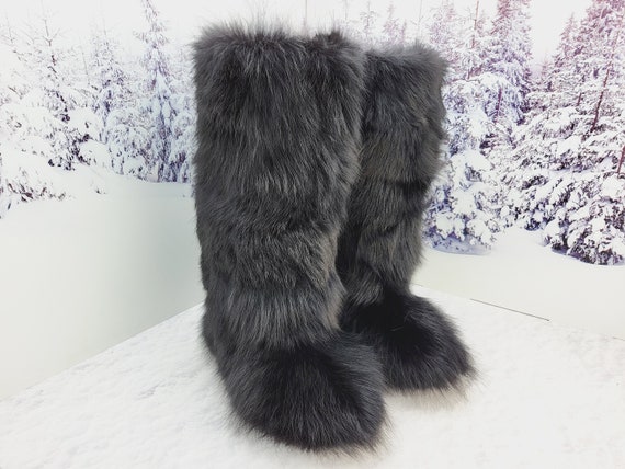 美品✨定価30万 フォクシー スノーミスト ウールジレ フォックスファー フリー High Black Fox Patchwork Mukluk Boots for Women Genuine Fox Fur