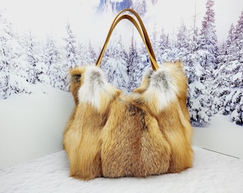 Real red fox fur shopping bag Women genuine fur purse