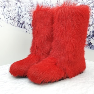 Red real goat fur winter boots for women Long fur snow boots