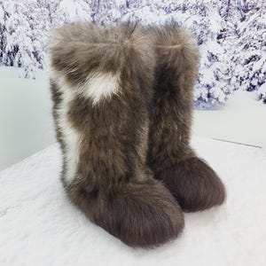 36 EU 5-5.5 US Brązowe damskie buty yeti Zimowe prawdziwe kozie futro Wysokie futrzane buty