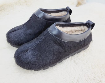 Black Real goat fur slip-ons Furry cloges fur boots Outdoor shoes