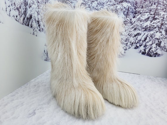 Knee shaggy women yeti boots Winter real goat fur Yeti boots Long fur boots