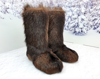 Brown goat fur mukluks for women High fur boots Snow boots