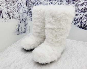 White Sheepskin Winter long real cozy fur boots