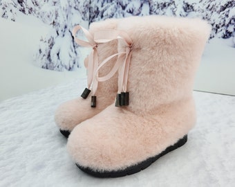 Pink real sheepskin fur boots for girls Kids mukluks Mouton fur boots