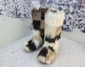 Goat winter fur boots for women, Patchwork genuine cozy fur snow boots