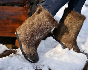 Women's nutria waterproof fur winter boots, brown mukluk boots, Eskimo boots