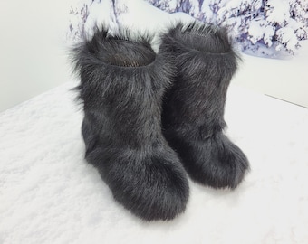 Black girls fur winter boots goat fur toddler boots, girls snow boots, children winter shoe