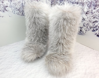 Gray super fluffy goat fur women boots Snow boots Apres ski