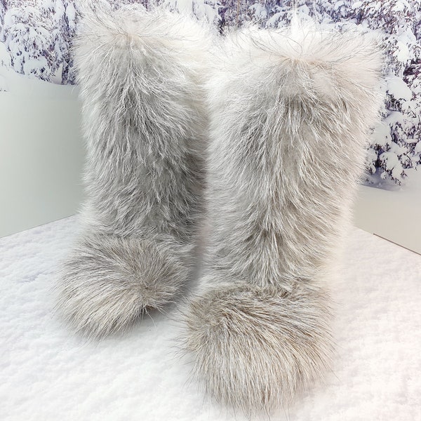 Gray super fluffy goat fur women boots Snow boots Apres ski