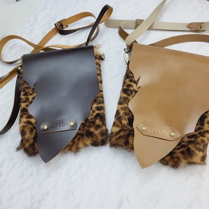 Leopard print fur bag Crossbody bag Genuine leather purse