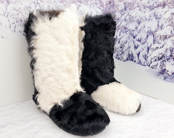 Black white women winter fur boots 40 EU 9 US Exclusive goat fur mukluks