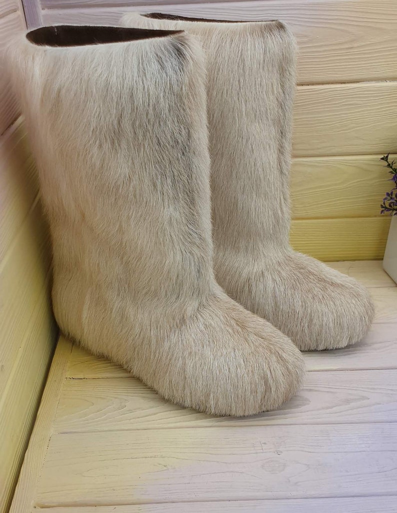 Genuine high fur winter boots,mukluks, snow furry yeti boots, light brown/white colour fur boots image 8