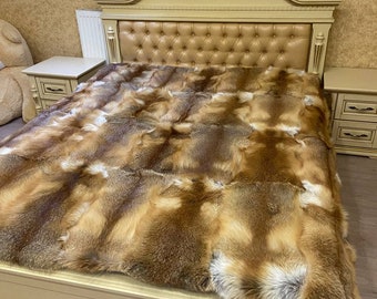 Real red fox fur throw Genuine fur blanket Luxury Bedcover