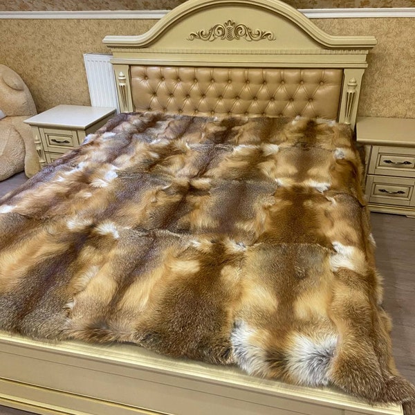 Real red fox fur throw Genuine fur blanket Luxury Bedcover