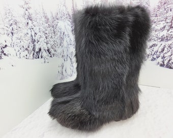 Black fox men's genuine fur mukluks Long fur winter viking snow boots