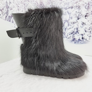 Waterproof Black fur winter boots for women, mukluk yeti boots, snow boots