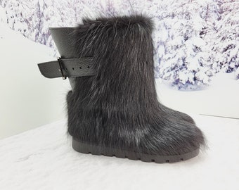 Waterproof Black fur winter boots for women, mukluk yeti boots, snow boots